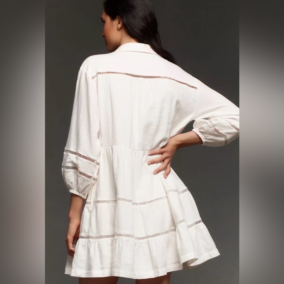 Anthropologie Maeve Bettina Collared Linen Tiered Mini Shirt Dress Ivory White M - Picture 5 of 13